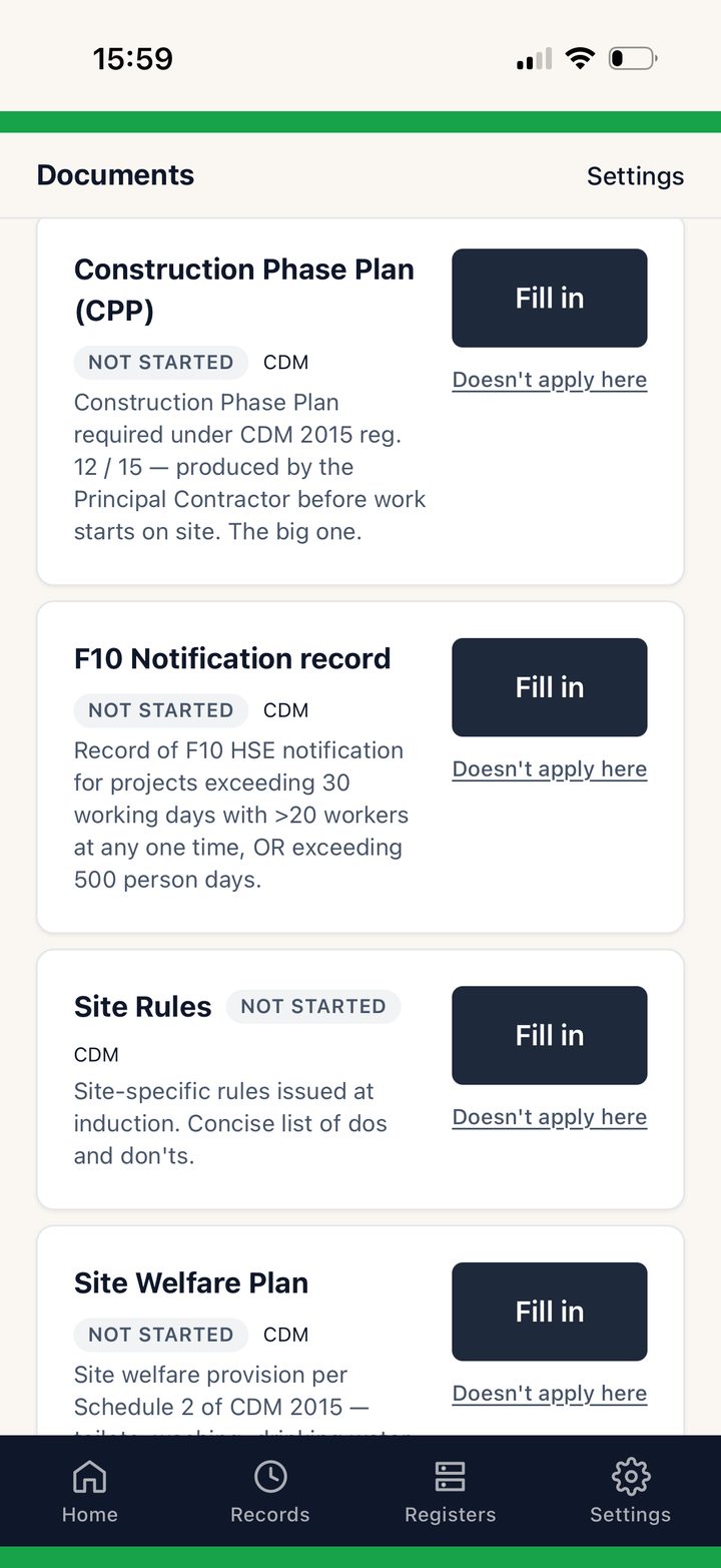 Safe and Sorted documents — Org-wide vs This-site toggle, then per-site CDM templates ready to fill in.