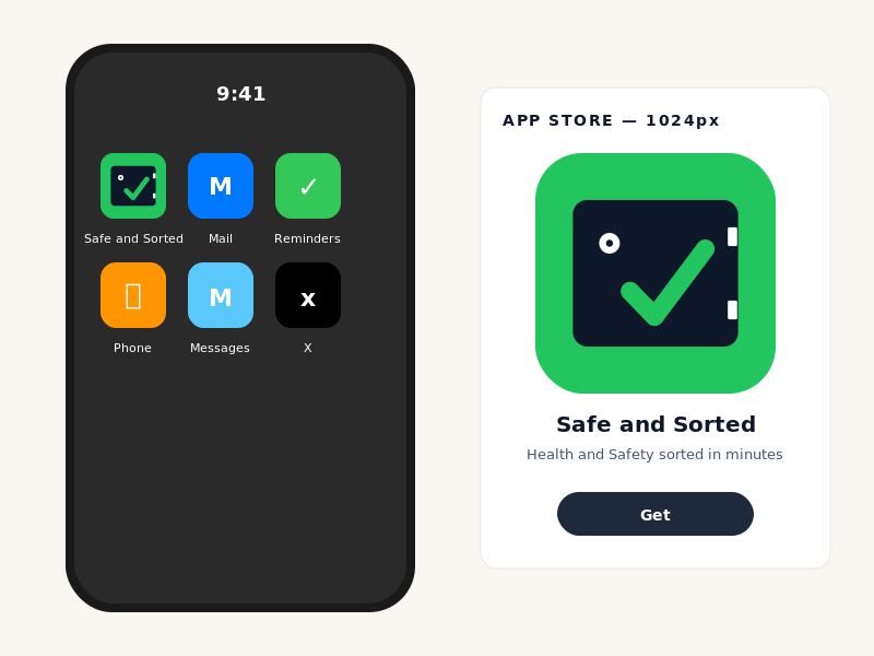 Safe and Sorted on an iPhone showing the home tiles: Sign in, Tick lists, RAMS, Toolbox talk, Accident, Subbie induction, Documents.
