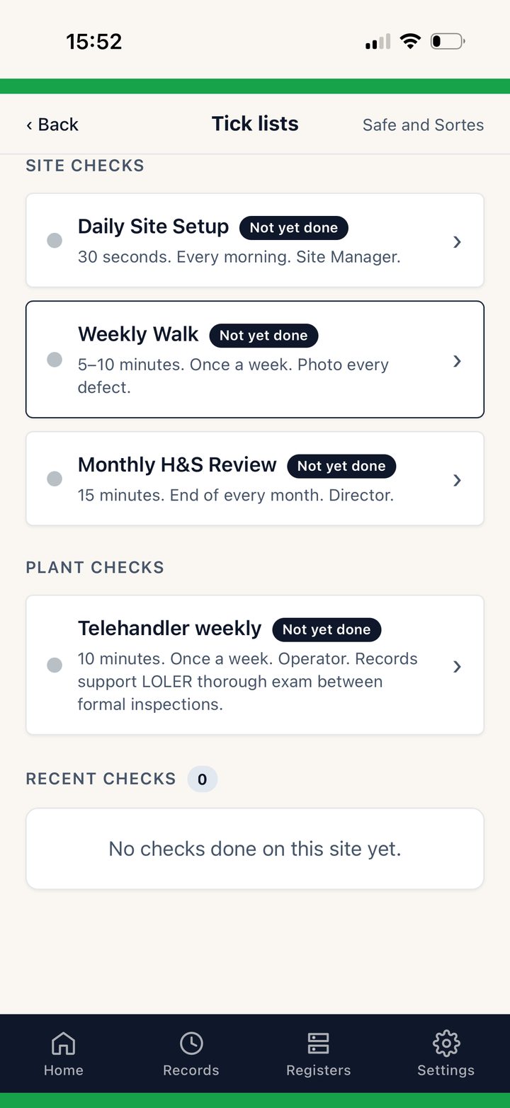 Safe and Sorted tick lists — site checks (daily, weekly, monthly) and plant checks (e.g. telehandler weekly).